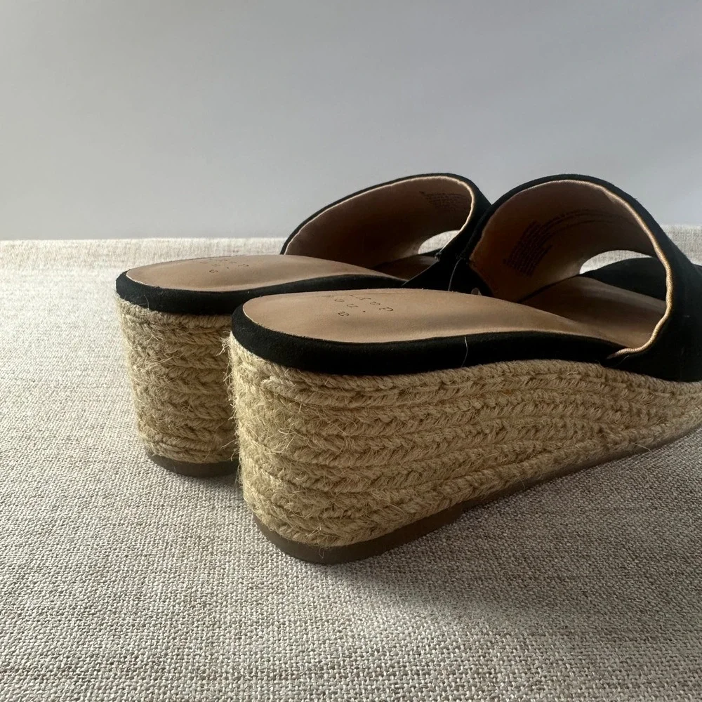 New Day Black Espadrille Wedge Slide Sandals Women's Size 9 Faux Suede